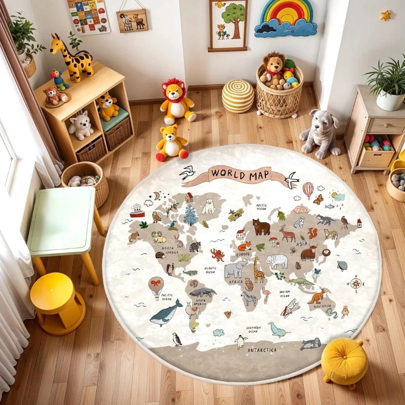Wholesale Commercial Printing - Speelronde vloermat Dierenwereldkaart Gedrukt tapijt Slaapkamer